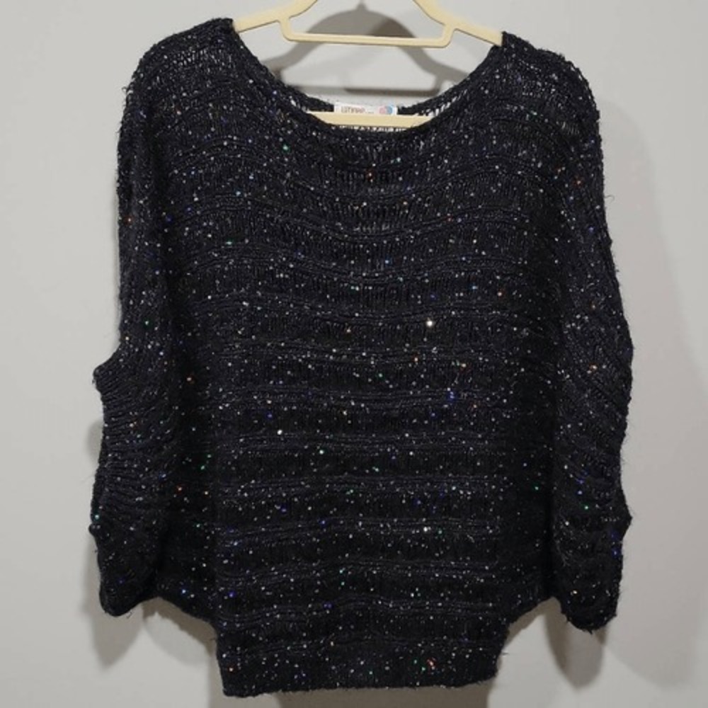 Umgee Sweater Top Medium Black Cobweb Knit Dolman Sleeve Sequin Whimsigoth Fairy